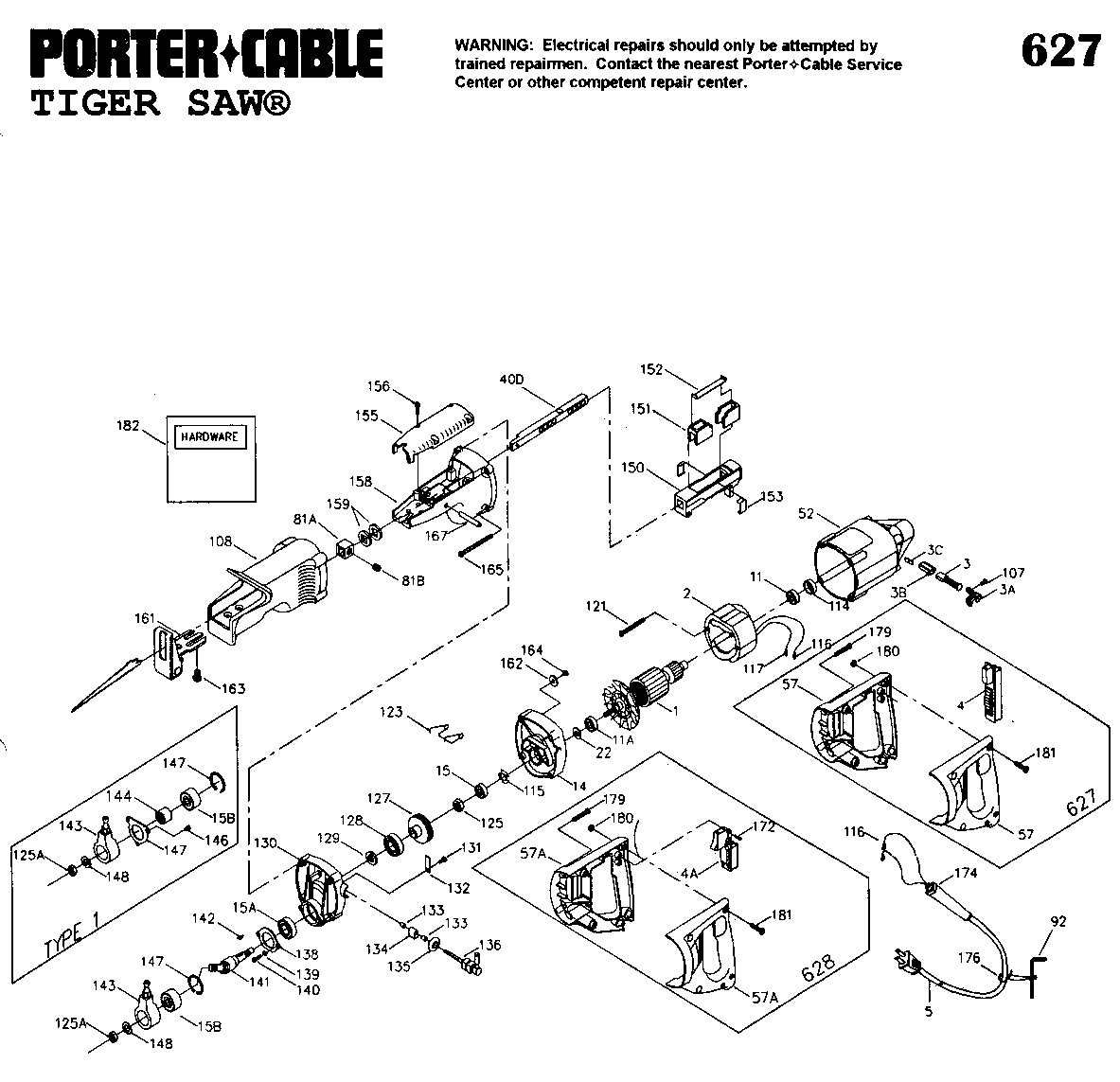 Default Diagram and Parts List for J-627 Type 1 Porter Cable Reciprocating Saw